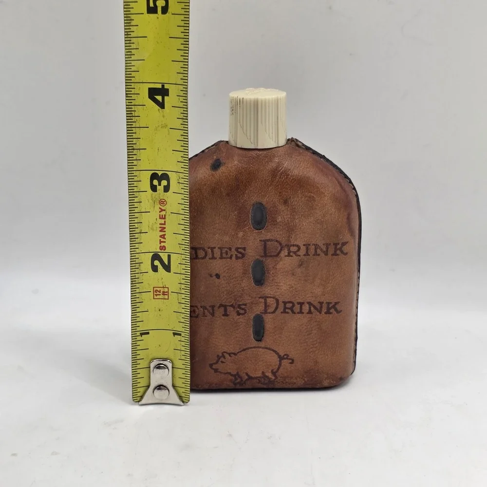 Vintage Leather Flask Brown Long Beach Cal Souvenir Pig Barware‎ Kitsch